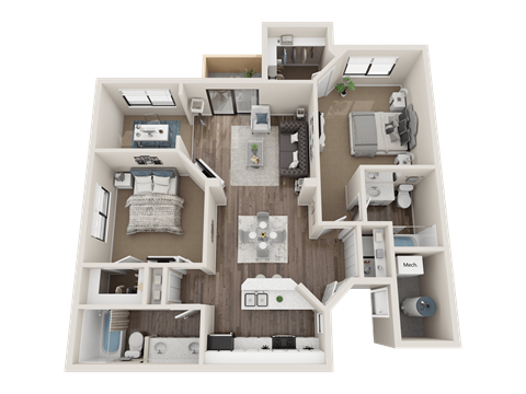 Floor plan for 2 beds, 2 baths, 1095 sqft